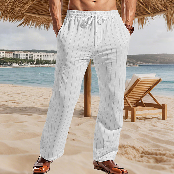 Herren Maritime Leinenoptik-Freizeithose mit Nadelstreifen elastischem Bund und seitlichen Eingrifftaschen – Sorevano