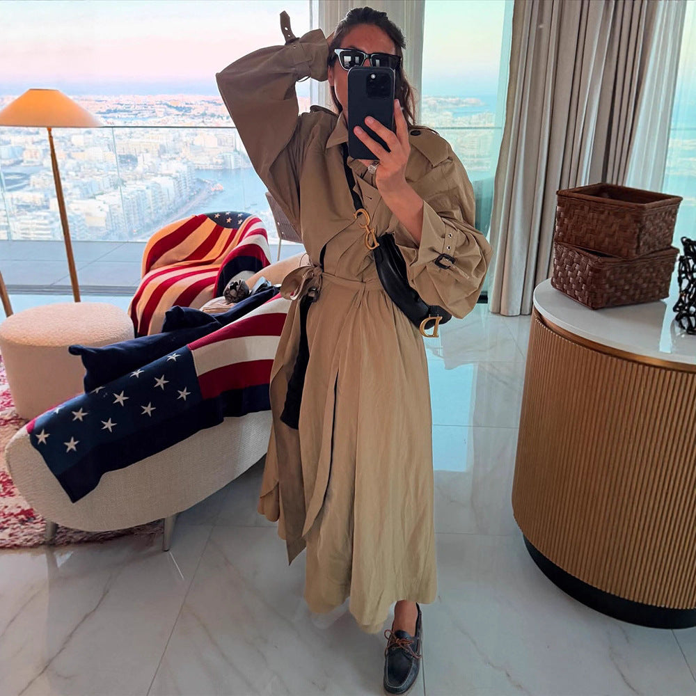 Damen Oversize-Trenchcoat mit voluminösen Ballonärmeln, Kordelzug und abnehmbarer Kapuze Echoarchiv