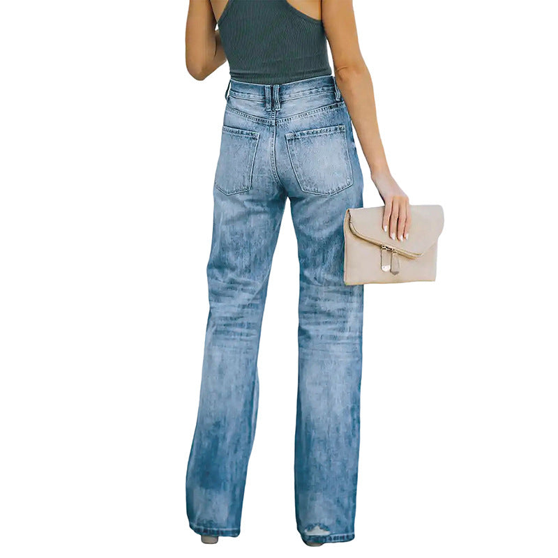 Damen Hochtaillierte weite Straight-Leg-Jeans mit Destroyed-Details Echo Archiv