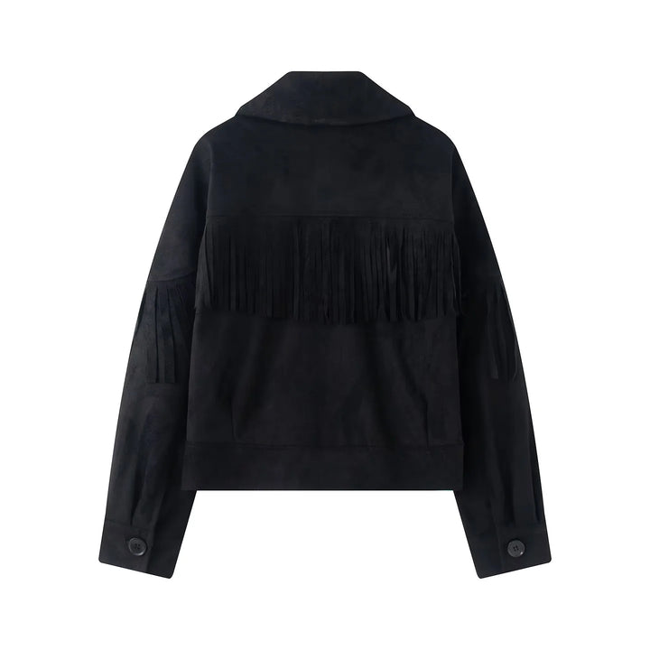 Damen nan kurze Wildlederoptik Fransenjacke mit Reverskragen und verdeckter Knopfleiste Echo Archiv