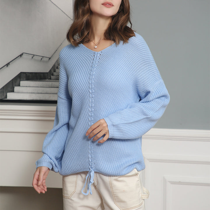 Damen Strickpullover mit Zopfmittelnaht, V‑Ausschnitt und Kordelzug Echo Archiv