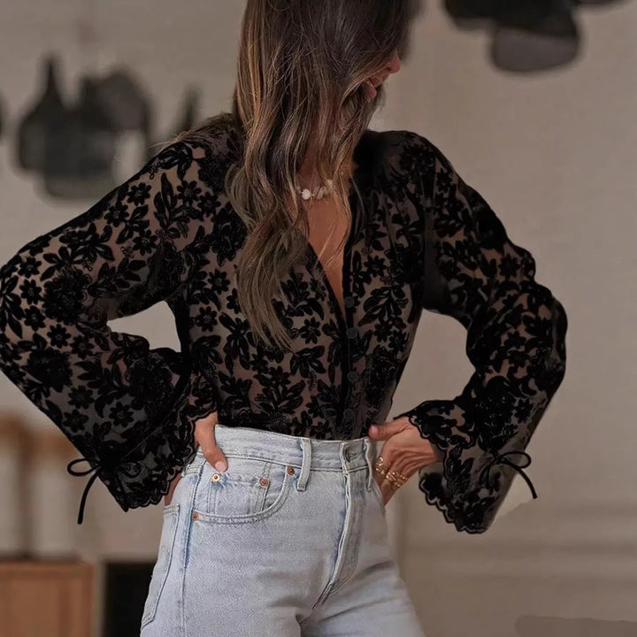 Damen transparente Bluse mit floralen Stickereien und weiten Ärmeln Echo Archiv