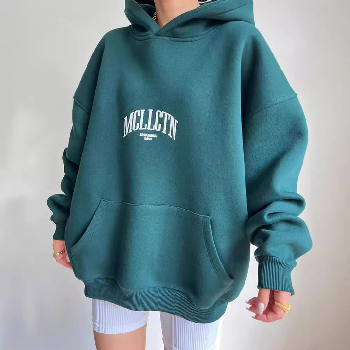 Damen Oversized Kapuzenpullover mit abstraktem Rückenprint und gerippten Bündchen Echoarchiv