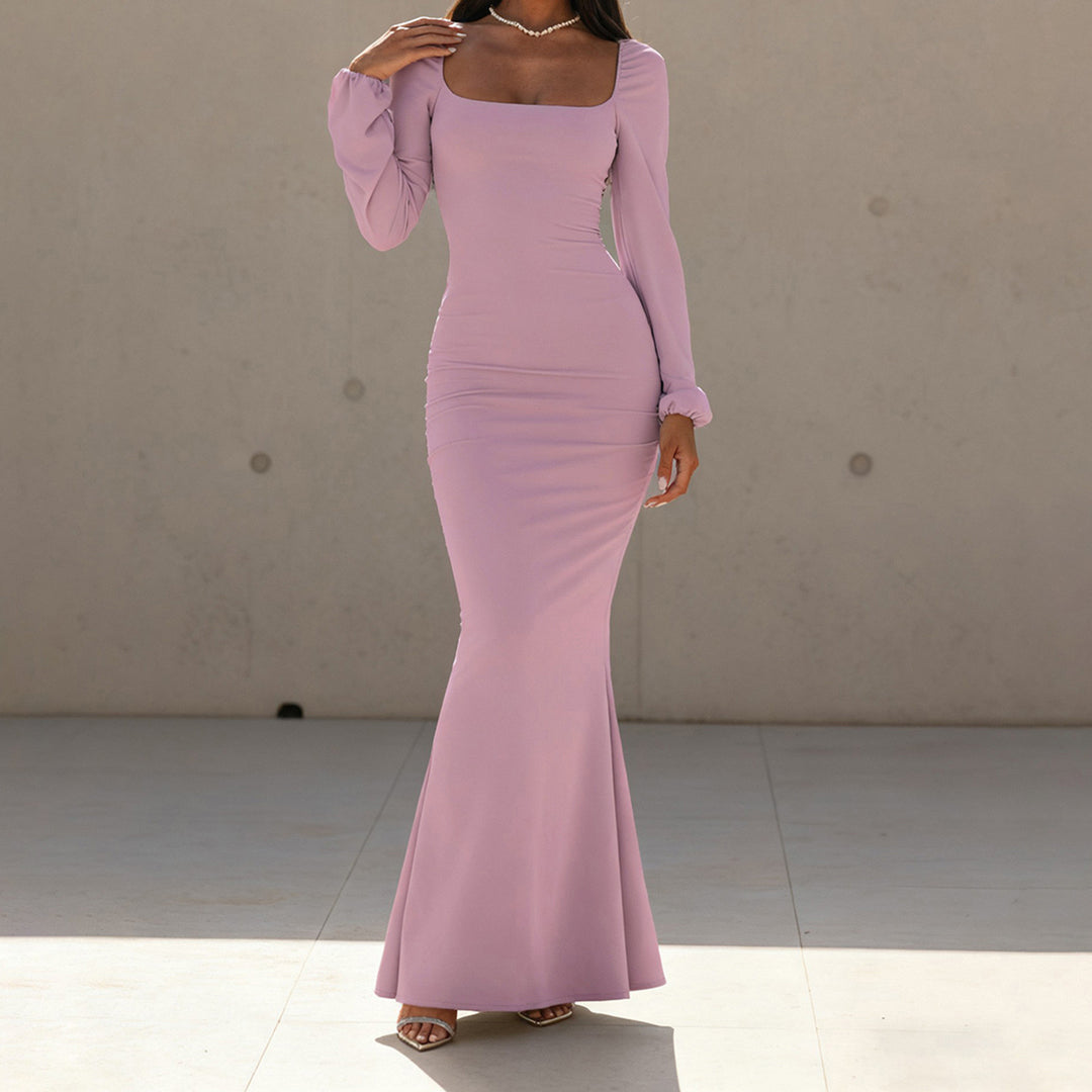 Damen Figurbetontes Maxikleid mit quadratischem Ausschnitt und Ballonärmeln – Valéora