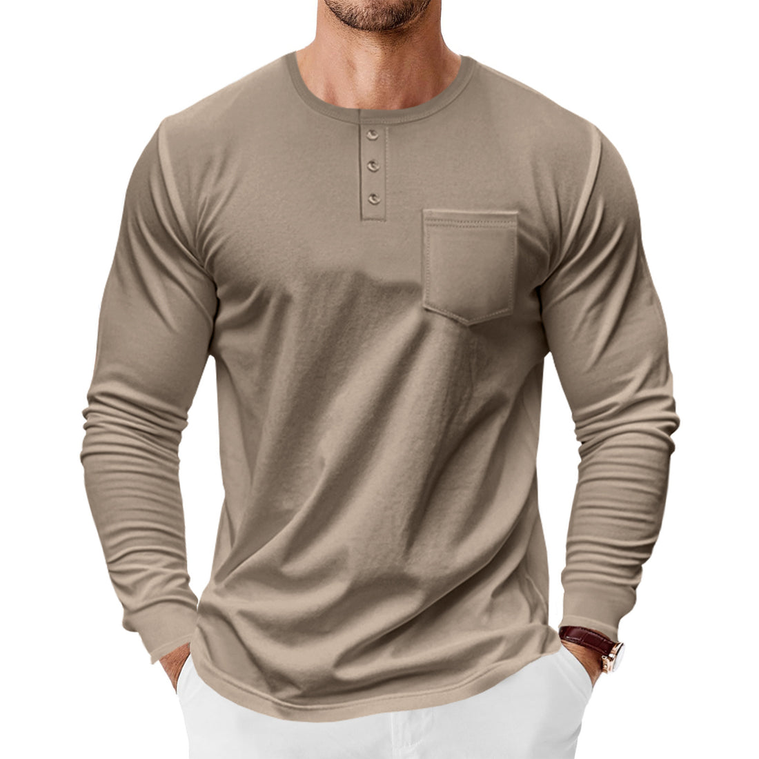 Herren langärmliges Henley-T-Shirt mit Brusttasche und Knopfleiste – Arvello