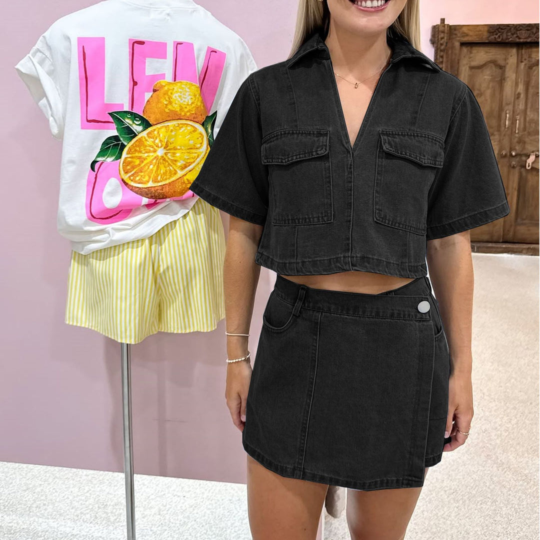 Damen modisches Denim-Kurzoberteil und Rock Set Echo Archiv