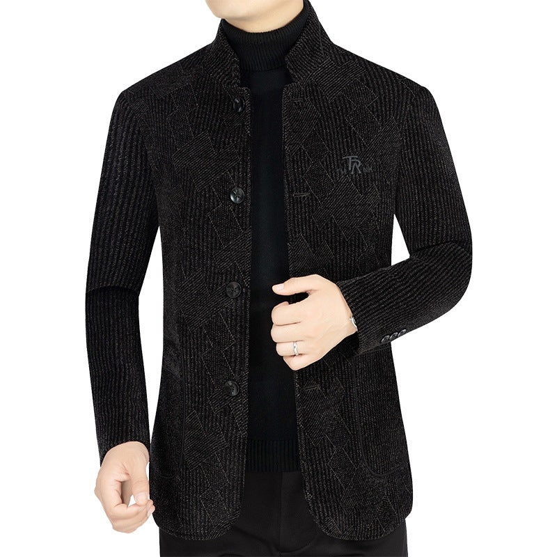 Herren Moderner Stehkragen-Blazer im Bouclé-Look mit feiner geometrischer Struktur – Tianoro