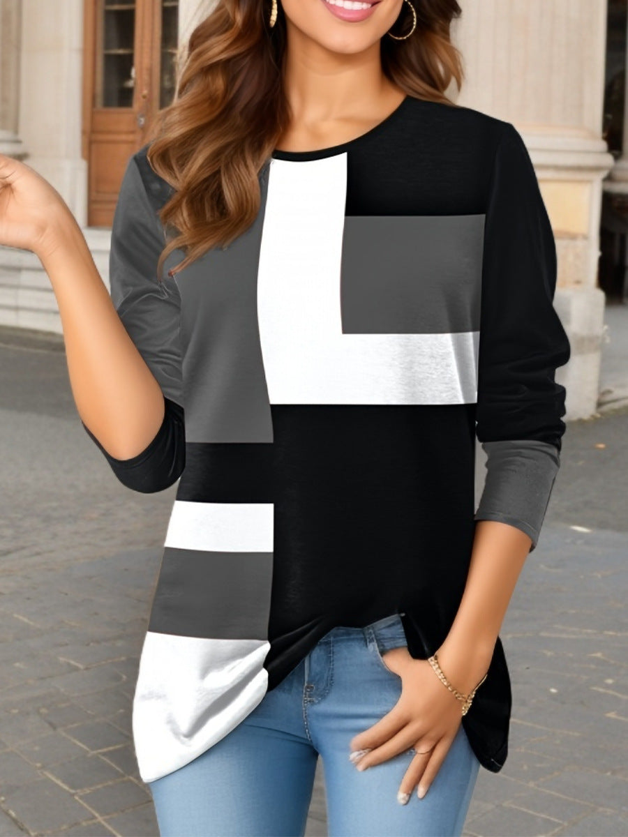Damen nan geometrisches Colorblock Longsleeve-Tunika-Oberteil mit Rundhalsausschnitt und asymmetrischem Saum Echo Archiv