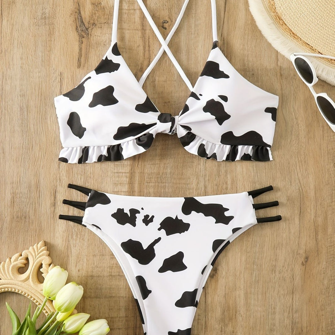 Damen Triangel-Bikini mit franjendetail und verspieltem Kuhmuster Echo Archiv