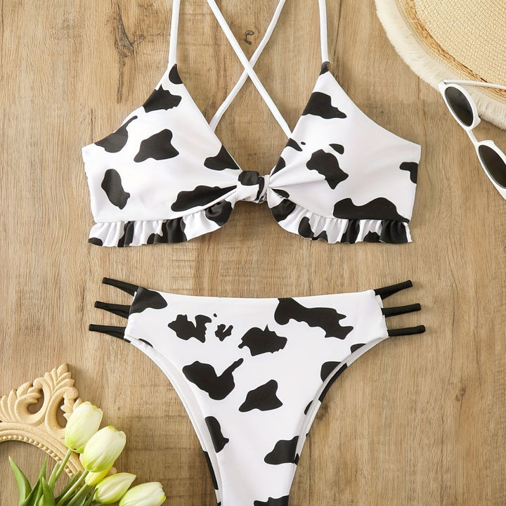 Damen Triangel-Bikini mit franjendetail und verspieltem Kuhmuster Echo Archiv