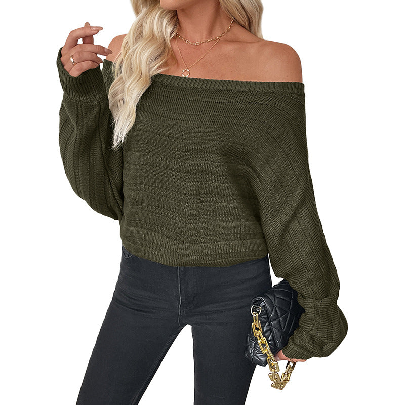 Damen Oversize Off-Shoulder Grobstrick-Tunika mit überschnittener Schulter und Ballonärmeln Echoarchiv
