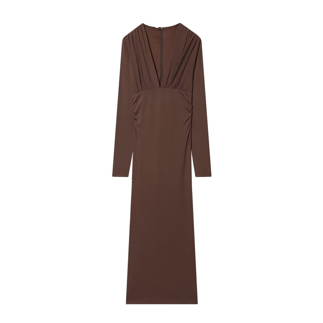 Damen Maxikleid mit tiefem V-Ausschnitt und drapierten Details Echo Archiv