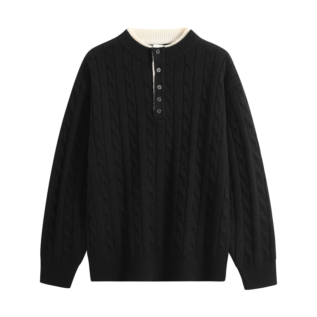 Unisex Oversize Zopfstrick-Henley-Pullover mit Knopfleiste und geripptem Saum Echoarchiv