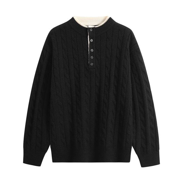 Unisex Oversize Zopfstrick-Henley-Pullover mit Knopfleiste und geripptem Saum Echoarchiv
