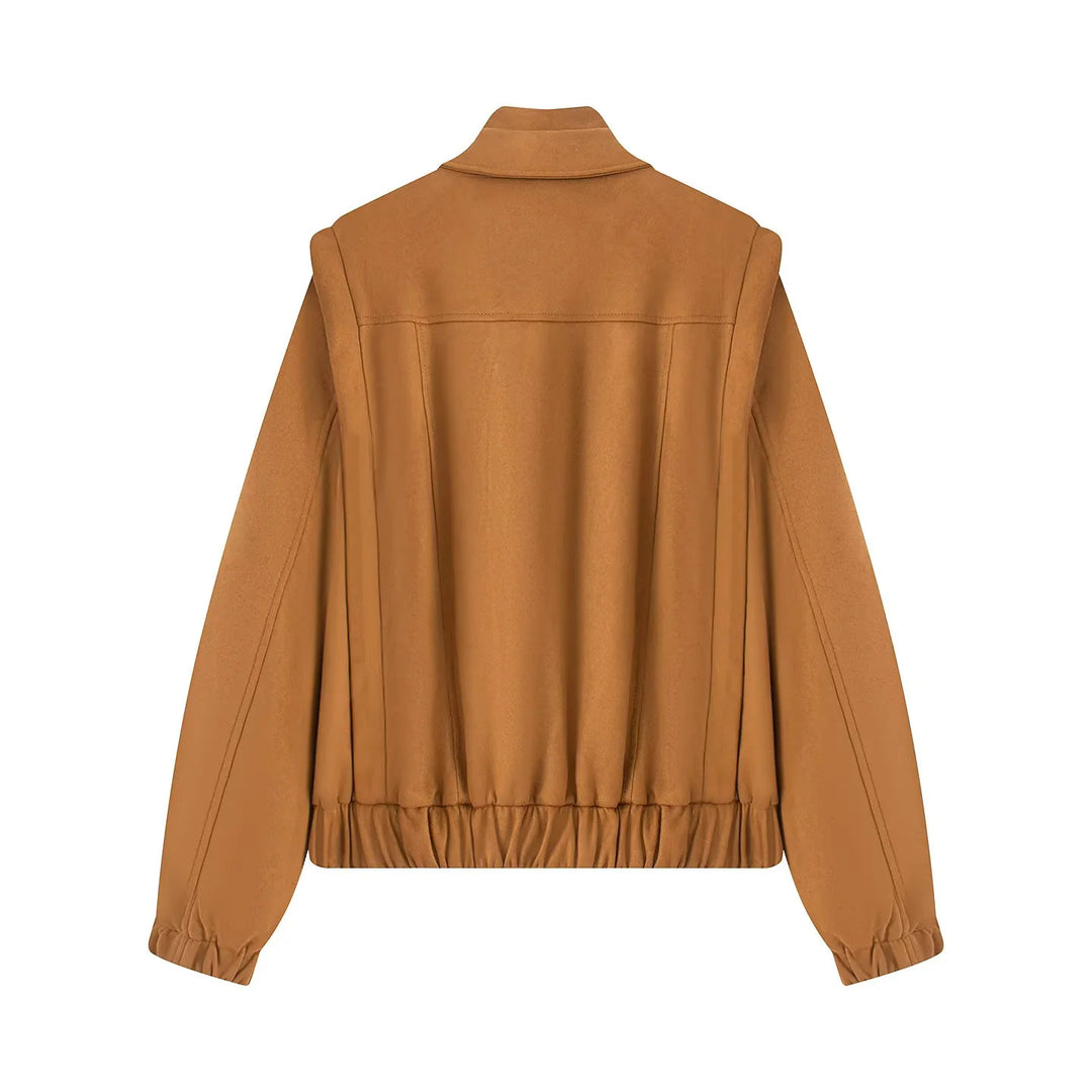 Damen asymmetrische Blousonjacke mit verdeckter Reißverschlussblende, Stehkragen und taillennahem Kordelzug – Célinea