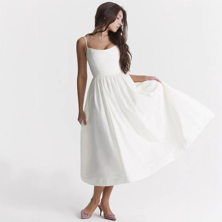 Damen elegantes Midikleid mit Spaghetti-Trägern und fließendem Rock Echo Archiv