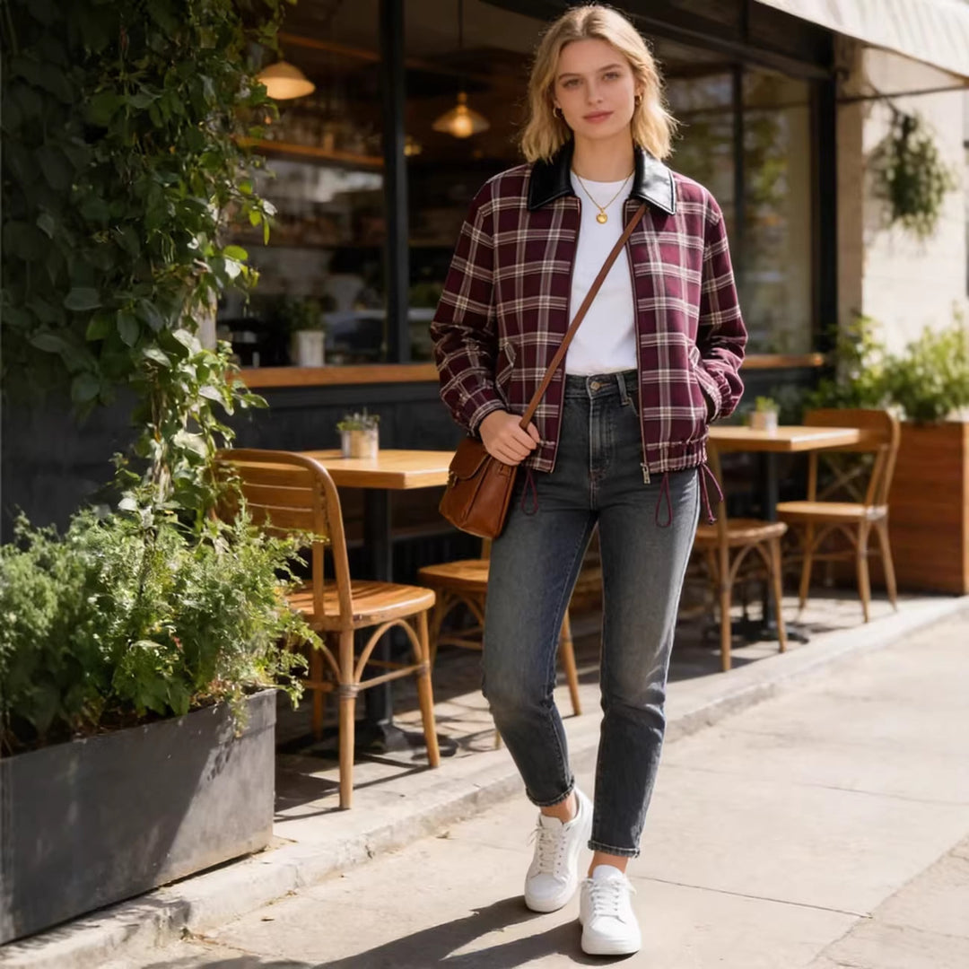 Damen Karierte Blousonjacke mit kontrastierendem Lederkragen und elastischem Saum Echo Archiv