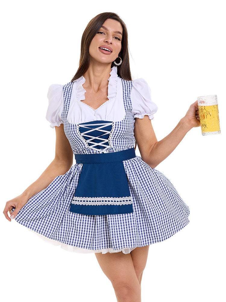 Damen nan kurzes kariertes Trachten Dirndl mit Schnürung Puffärmel und Schürze Echo Archiv