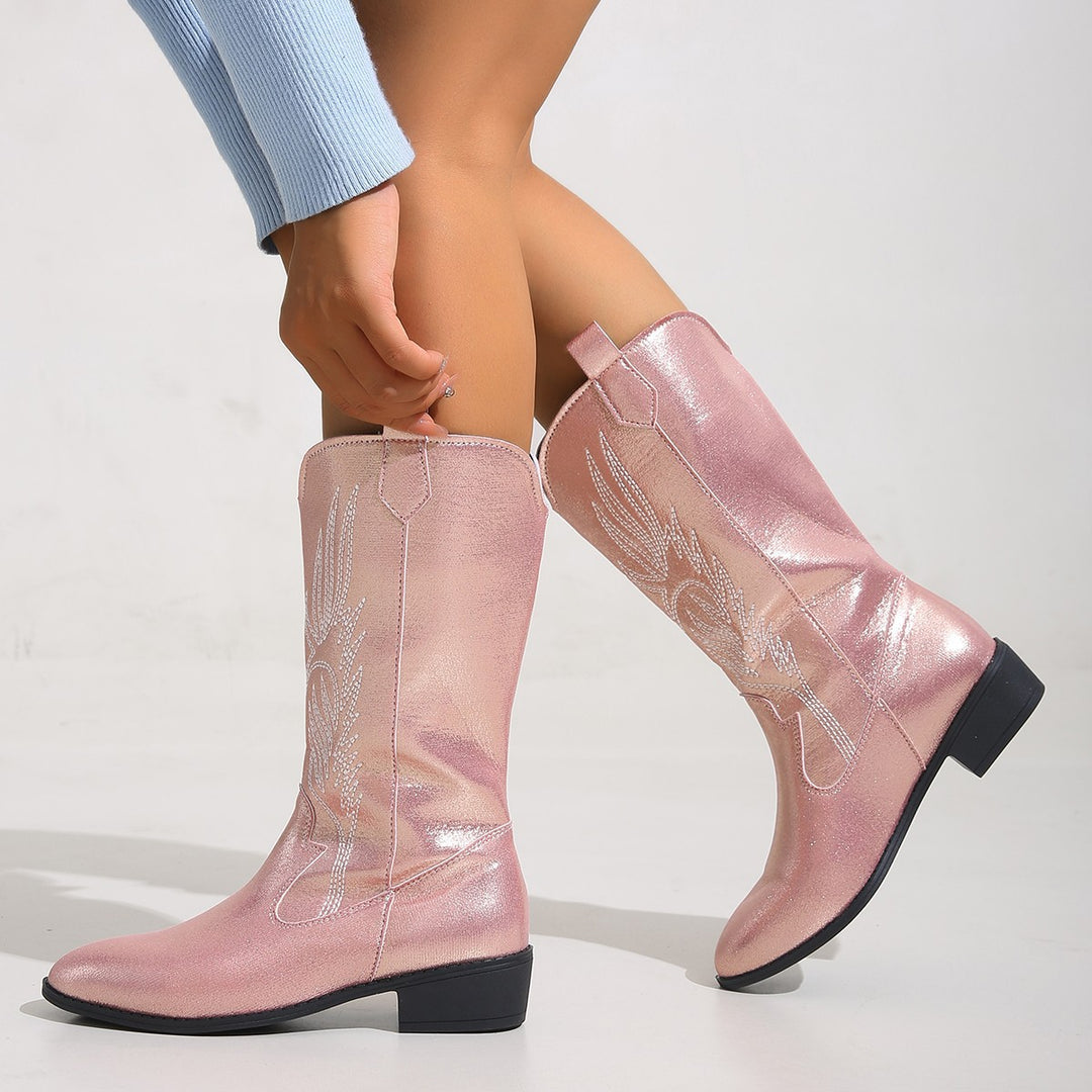 Damen Cowgirl-Kniehoher Stiefel mit dekorativer Stickerei, Pull‑Tabs und komfortablem Blockabsatz Echo Archiv