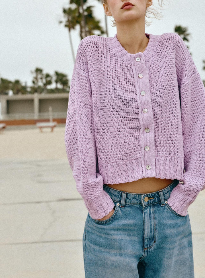 Damen Lockere Cropped-Strickjacke mit Knopfleiste und offener Struktur – Veloura