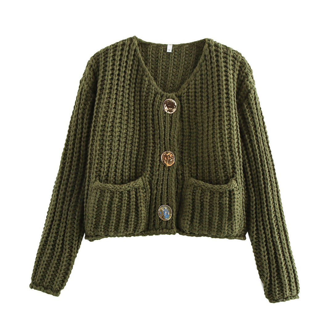 Damen Grobstrick-Cardigan mit V‑Ausschnitt, goldener Knopfleiste und aufgesetzten Taschen Echo Archiv
