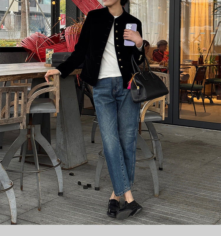 Damen Elegante Samtjacke mit Knopfleiste Echoarchiv