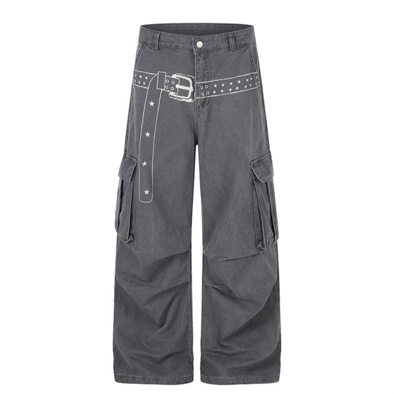 Damen Cargo-Palazzo-Hose aus Baumwollmix mit weitem Bein, aufgesetzten Klappentaschen und Gürtelprint Echoarchiv