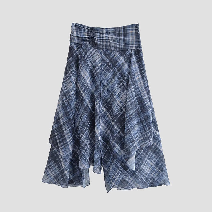 Damen Asymmetrischer Lagenrock mit hohem Falzgürtel und kariertem Chiffon Echo Archiv