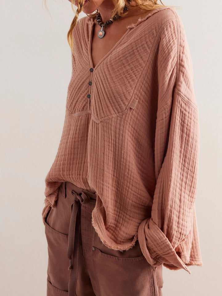 Damen Leichte Baumwoll-Gauze Bluse mit Henley-Ausschnitt – Avérine