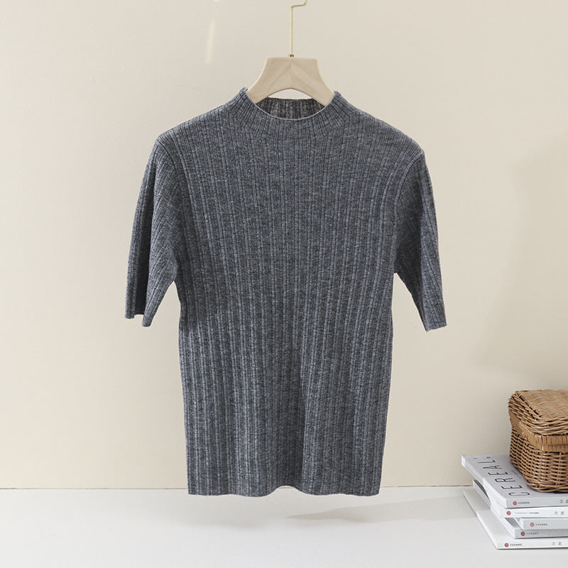 Damen Feines Geripptes Kurzarm-Feinstrickshirt mit Stehkragen Echo Archiv