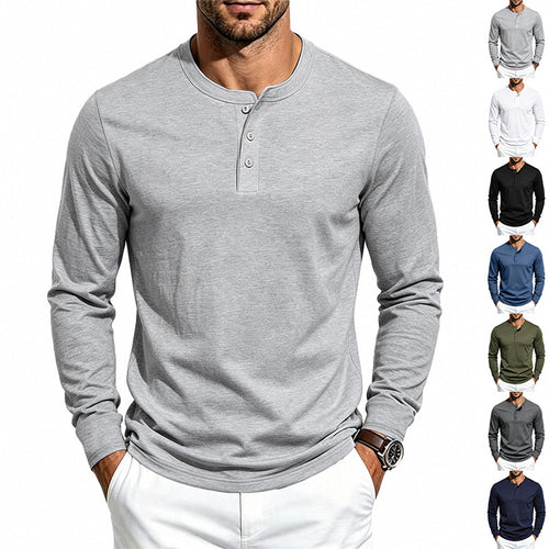 Herren Slim-Fit Henley-Langarmshirt aus Baumwoll-Jersey mit Knopfleiste – Marzano