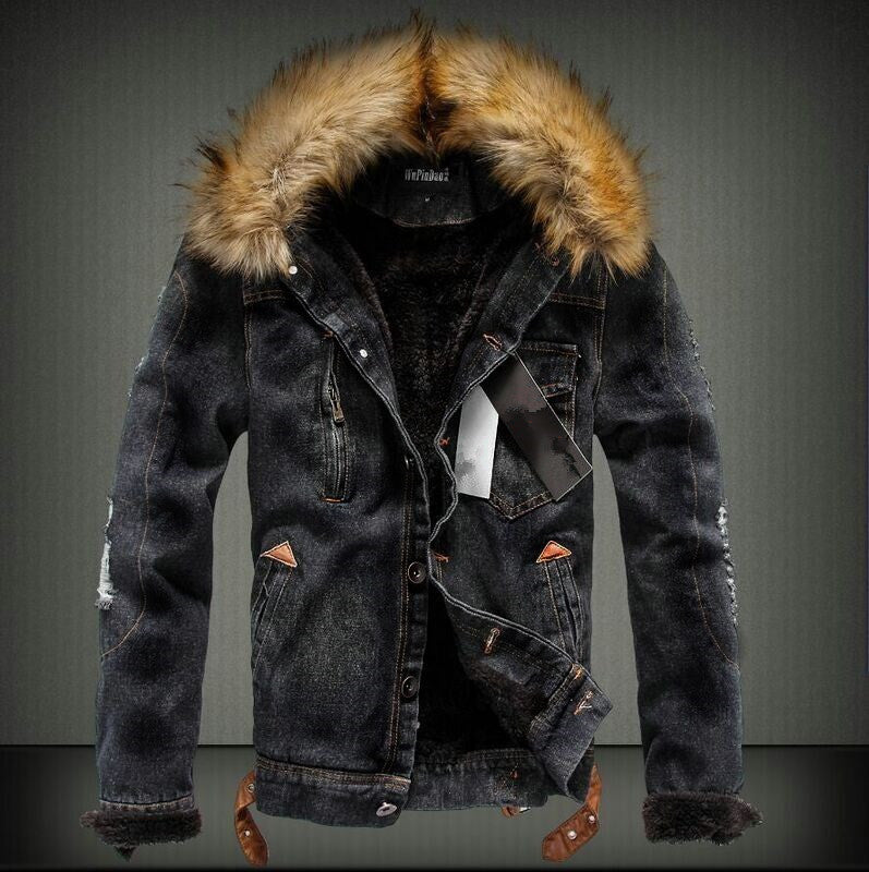Herren Denim-Truckerjacke mit Teddyfutter, Kunstfellkapuze und Used-Details Echoarchiv