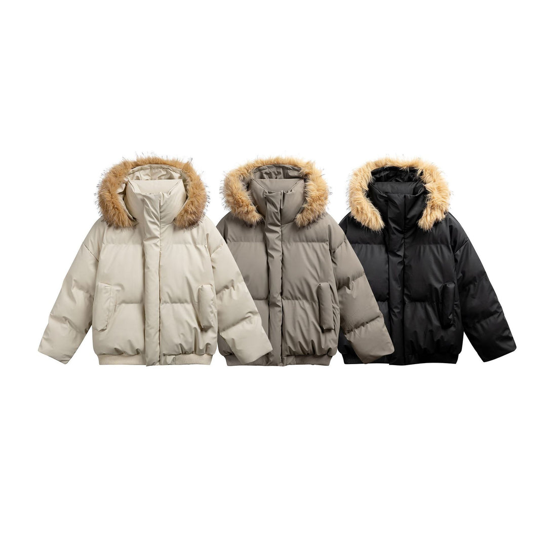 Damen Wattierte Kurzsteppjacke mit Kunstfellkapuze und geripptem Saum Echoarchiv