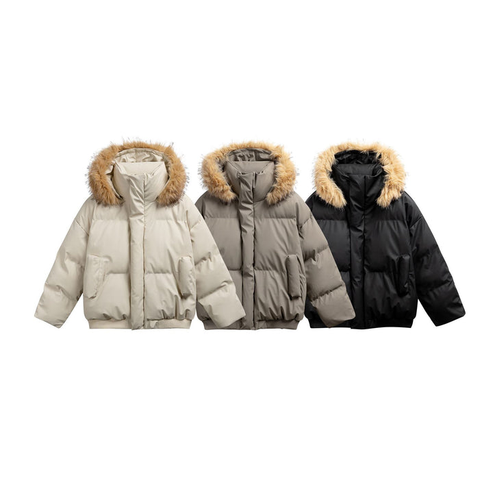 Damen Wattierte Kurzsteppjacke mit Kunstfellkapuze und geripptem Saum Echoarchiv
