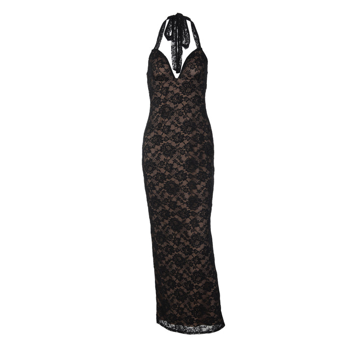 Damen Langes Spitzenkleid mit tiefem V-Ausschnitt und Halter-Design Echo Archiv