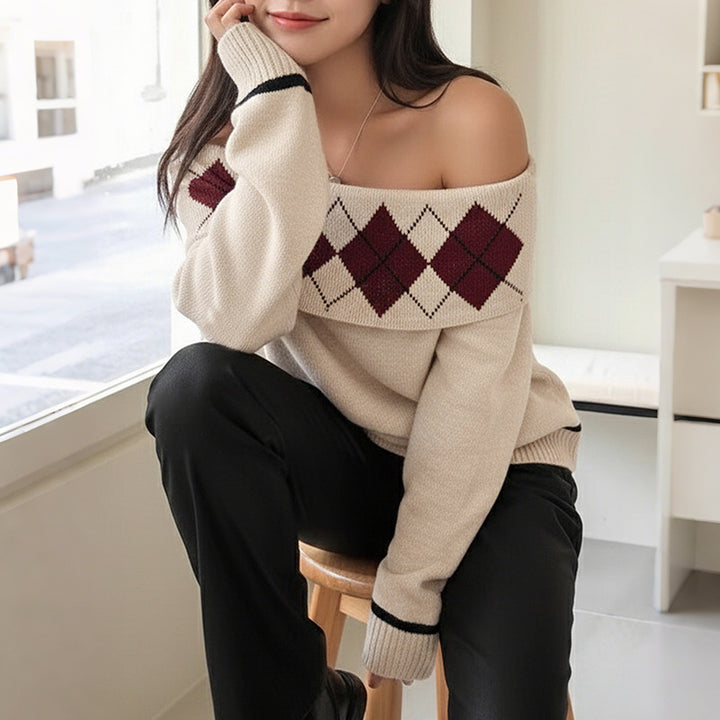 Damen Schulterfreier Strickpullover mit Rautenmuster und umgeschlagenem Kragen Echoarchiv