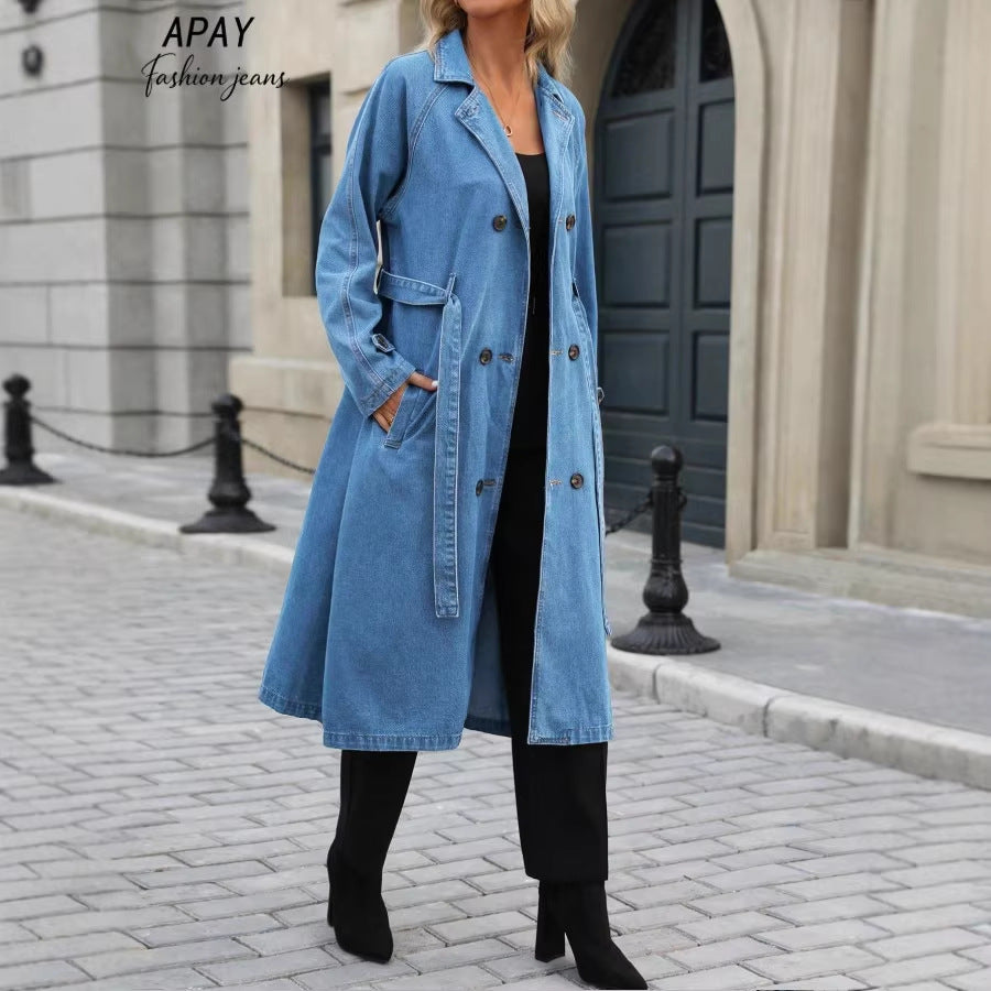 Damen Langer Denim-Trenchcoat mit Bindegürtel und Raglanärmeln Echo Archiv