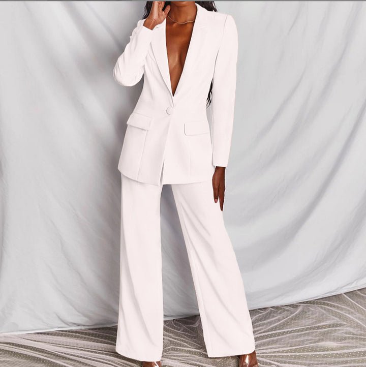 Damen nan eleganter Longline-Blazer mit tiefem V-Ausschnitt und weitem Palazzo-Hosenanzug Echo Archiv