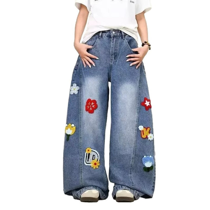 Damen Weitgeschnittene Blumen-Applikationen Jeans Echoarchiv