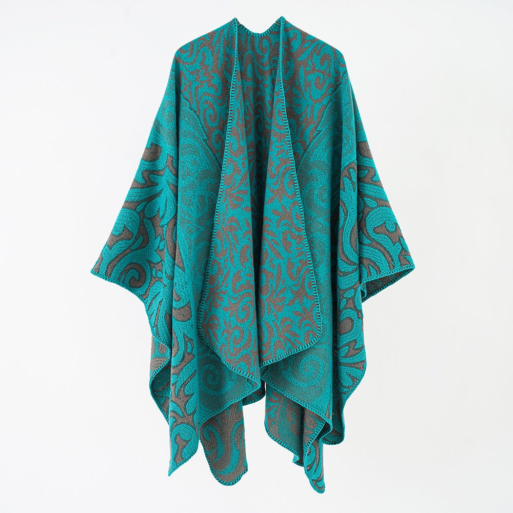 Damen Ornamentaler Jacquard-Capeponcho mit offenem Fall und kastiger Silhouette Echo Archiv