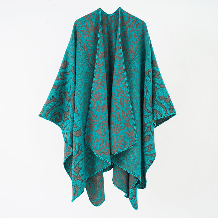 Damen Ornamentaler Jacquard-Capeponcho mit offenem Fall und kastiger Silhouette Echo Archiv