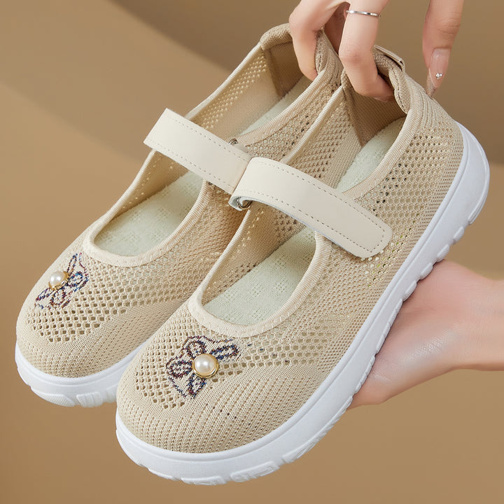 Damen nan gestrickter Mary-Jane-Sneaker mit Klettriemen, atmungsaktivem Strickoberteil, dekorativer Perlenapplikation und dämpfender EVA-Sohle Echo Archiv