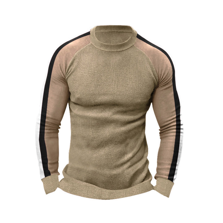 Herren sportlicher Strickpullover mit kontrastierenden Ärmeln und hohem Kragen Echoarchiv
