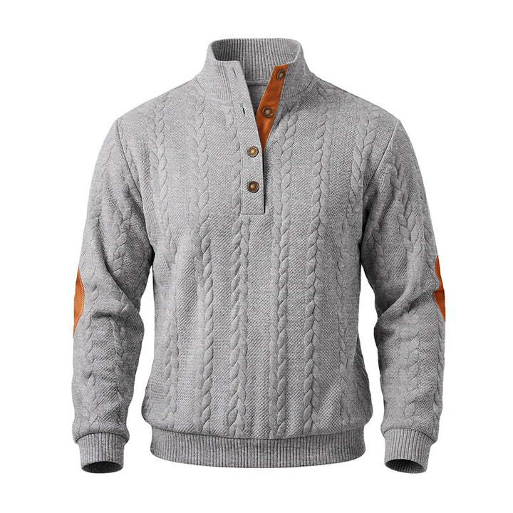 Herren Troyer-Pullover mit Zopfmuster, Ellbogen‑Patches und kontrastierter Knopfleiste Echoarchiv