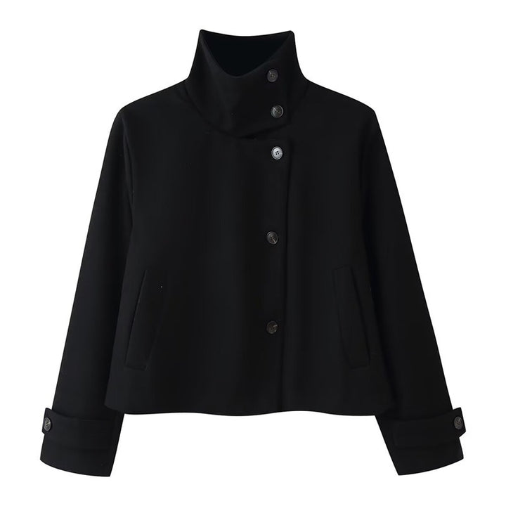 Damen kurze Boxy-Wolljacke mit Stehkragen und Manschetten Echo Archiv