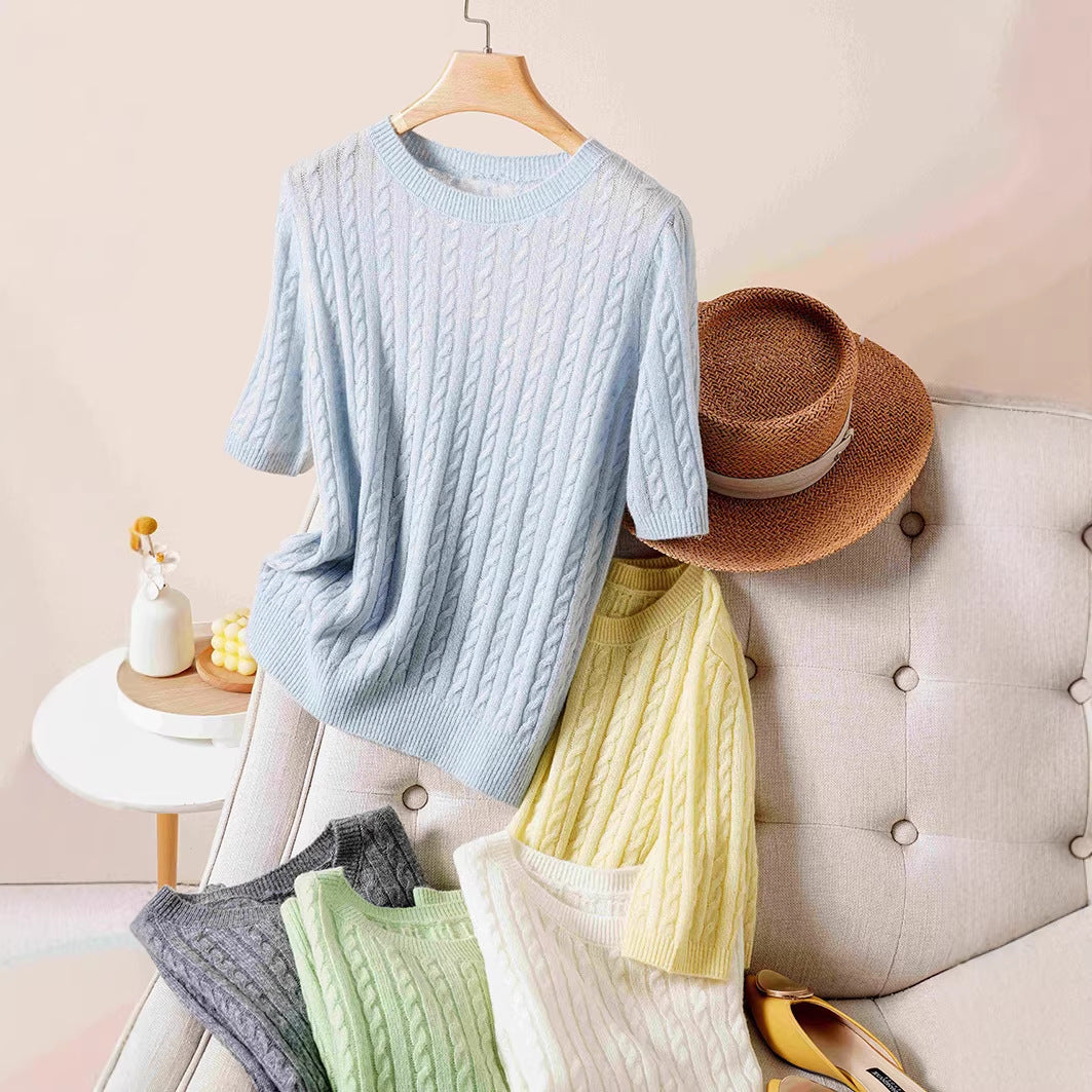 Damen Kurzarm-Strickpullover mit Zopfmuster und feinem Rundhalsausschnitt Echo Archiv
