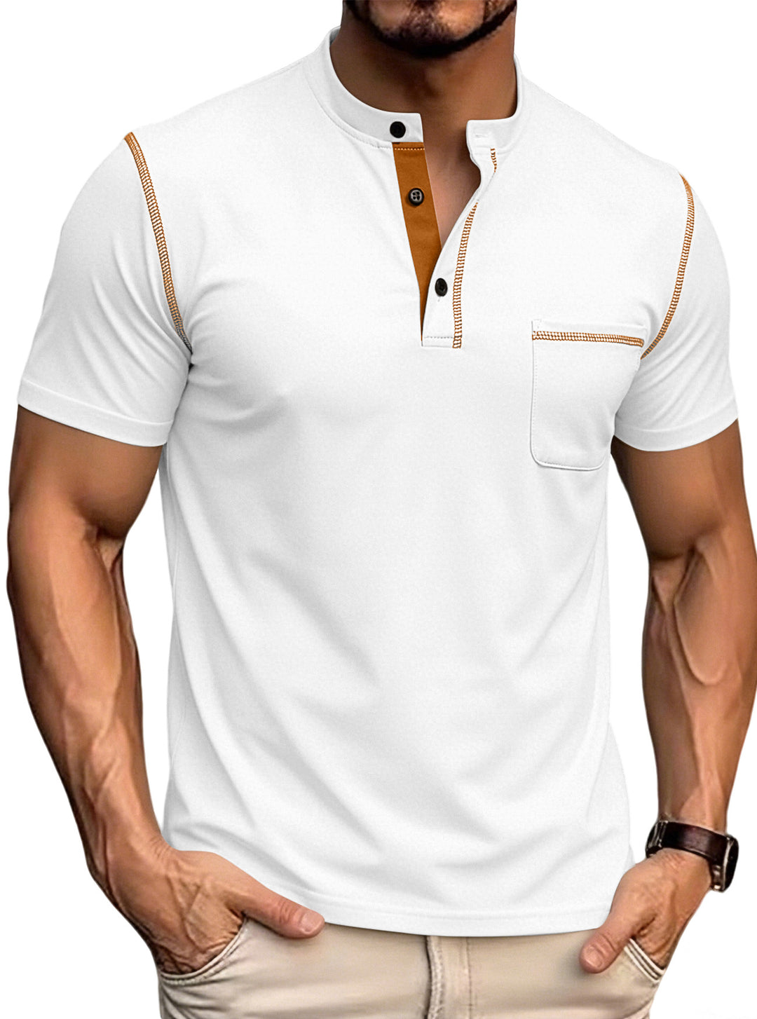 Herren nan kurzärmeliges Henley-Shirt mit Stehkragen, Brusttasche und kontrastierenden Ziernähten Echo Archiv