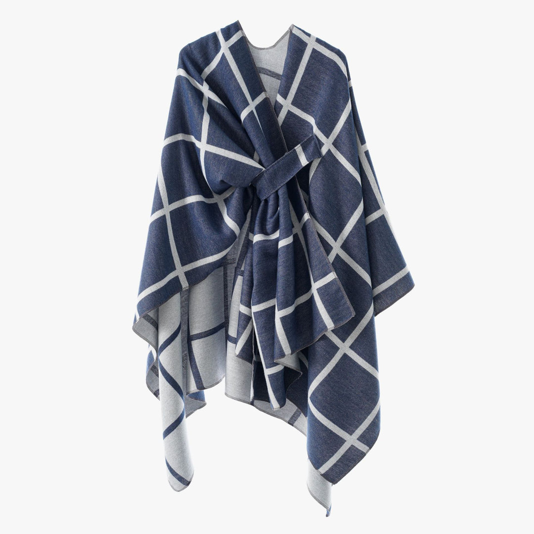 Damen Oversize Wollmix Poncho mit Gürtel und Karomuster Echo Archiv