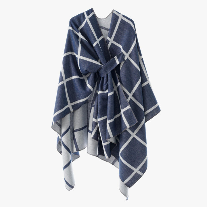 Damen Oversize Wollmix Poncho mit Gürtel und Karomuster Echo Archiv