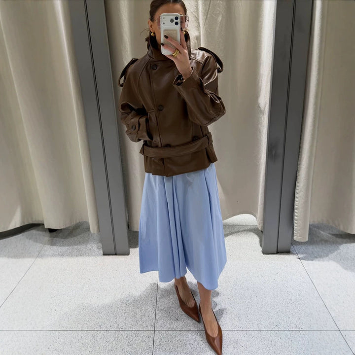 Damen Kurz geschnittener Oversize Lederimitat-Trench mit Taillengürtel und Epauletten Echoarchiv